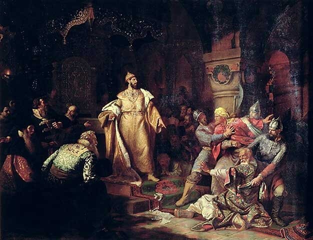 Иоанн III свергает татарское иго, разорвав изображение хана и приказав умертвить послов. Н.С. Шустов, 1862